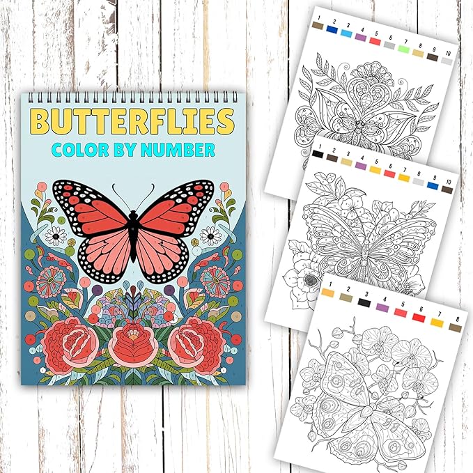 Ilyever 3 Pack Color by Number,Stress Relief Coloring Books for Adults,Spiral Bound Coloring Books for Women,Include 60 Patterns of Butterfly, Flowers,Animals for Adult Relaxation