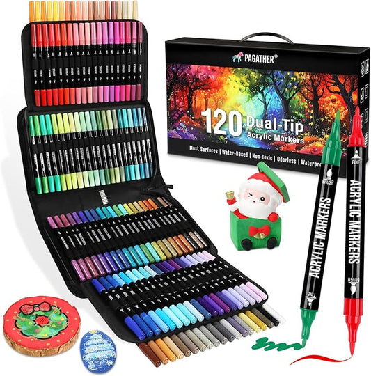 120 colors acrylic paint markers, dual tip fine and brush tips pens contain 24 metallic color for stone, wood, calligraphy, canvas, ceramic, metal, glass, rock painting, diy crafts art supplies kit