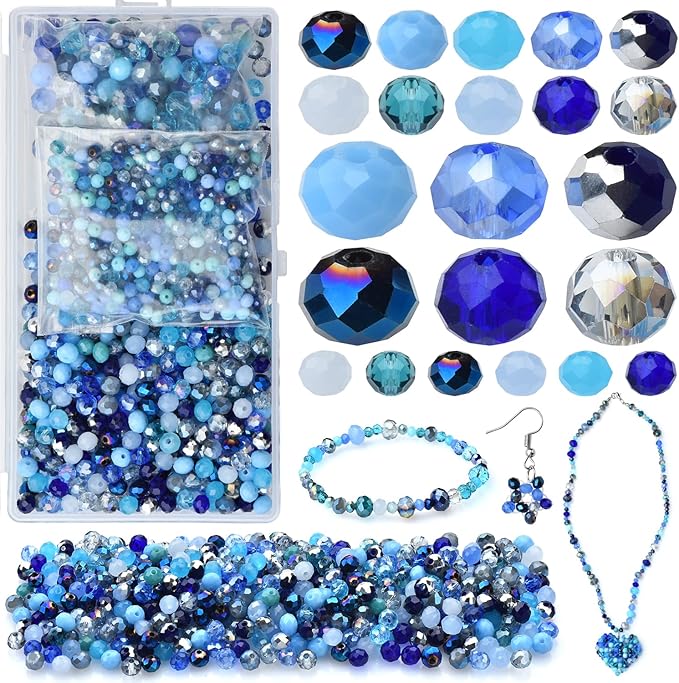 4/6/8mm Crystal Glass Beads,3 Sizes Total 1000pcs Faceted Briolette Rondelle Beads with Container,Loose Spacer Beads for DIY Beading Projects,Earrings,Necklaces(Blue Color)