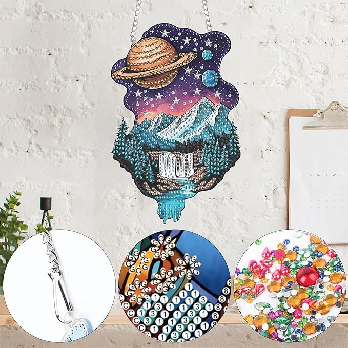 Yomiie Planet Universe Sun Catcher Window Hanging - DIY Double Sided Landscapes Diamond Painting Pendant Kit, Acrylic Diamonds Art Ornament for Front Door Sign & Indoor/Outdoor Garden Decor(8x8 inch)