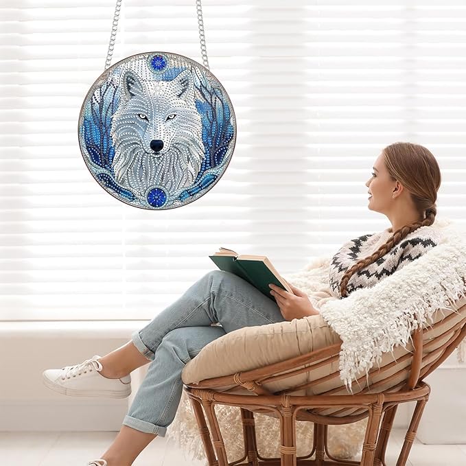 Bimkole White Wolf Diamond Art Hanging Kit for Adult, DIY 5D Diamond Art Animals Window Pendant, Acrylic Crystal Art Hanging Ornament Home Wall Garden Front Door Sign Outdoor Decor 7.8x7.8 Inch