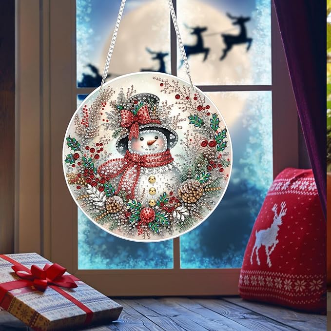 Bowetile Christmas Diamond Art Hanging Kits for Adults, Diamond Art Suncatchers Snowman, 5D Special Shape Diamond Painting Pendant Window Ornament Christmas Gifts for Home Door Wall Decor