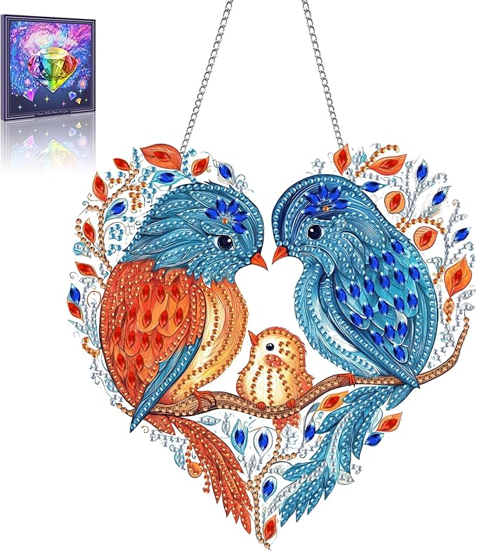 Wergund 5D DIY Bird Diamond Art Hanging Kits, Hanging Diamond Art Family, Acrylic Special Shaped Rhinestone, Window Hanging Pendants for Home Wall Garden Front Door Outdoor Decor Gift(Bird)