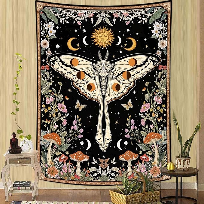 aipon boho moth tapestry vintage floral flowers tapestries aesthetic retro mushroom tapestries for bedroom sun and moon indie small tapestry wall hanging for living room dorm 48 x 36 inch