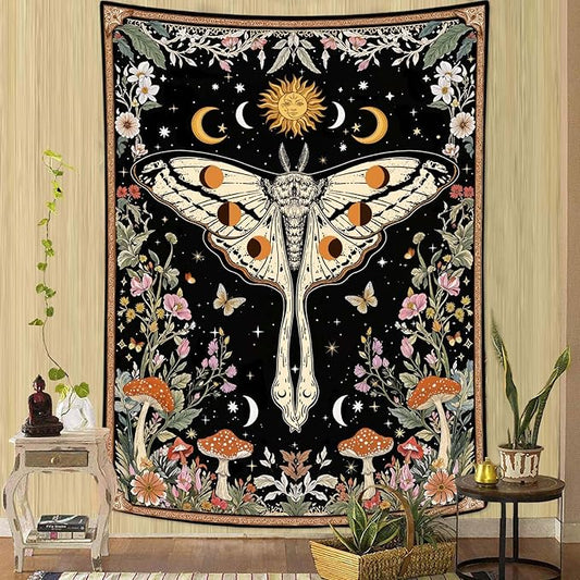 aipon boho moth tapestry vintage floral flowers tapestries aesthetic retro mushroom tapestries for bedroom sun and moon indie small tapestry wall hanging for living room dorm 48 x 36 inch