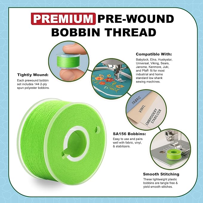 Mandala Crafts 144 Lime Green SA156 Prewound Bobbins for Singer Sewing Machine -15J SA156 Prefilled Bobbin Thread for Brother Sewing Machine and Embroidery