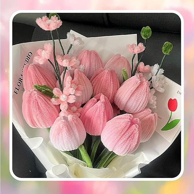 300 Pcs Thick Pipe Cleaners,Craft Supplies Floral Bonquet,DIY Flower Making Kit for Starter with Floral Wires, Gardening Tape,Stamen (Pink+White+Green)