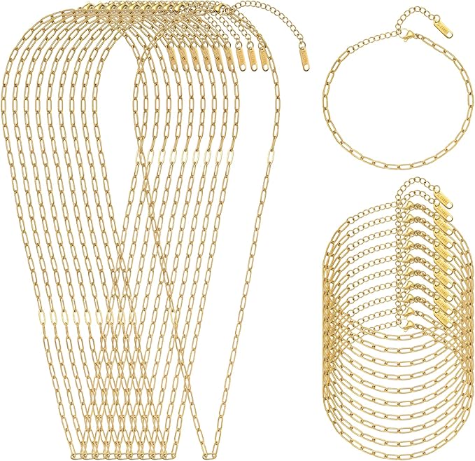 Swyabi 20 PCS Gold Plated Necklace Bracelet Chains Bulk Stainless Steel Paperclip Chain with Extender for Jewelry Making