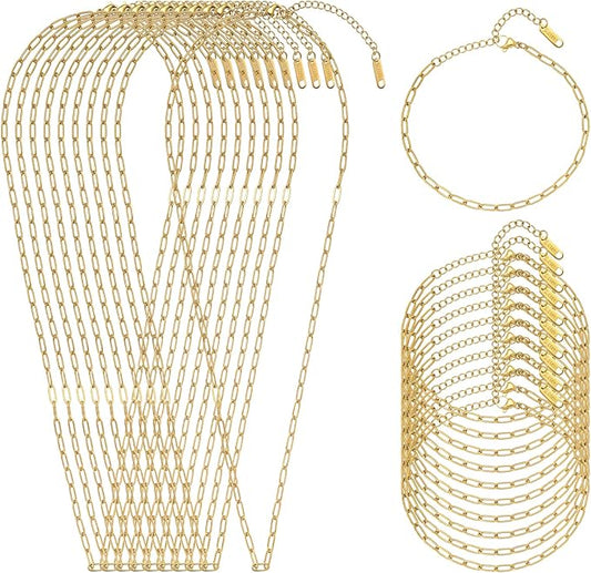 Swyabi 20 PCS Gold Plated Necklace Bracelet Chains Bulk Stainless Steel Paperclip Chain with Extender for Jewelry Making