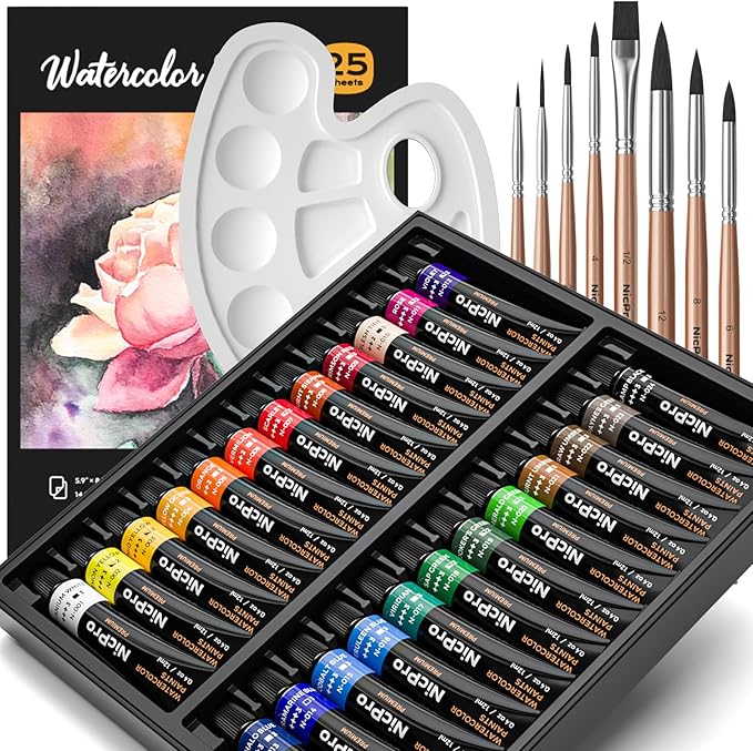 nicpro watercolor paint set for adults, beginner & artists, 24 colors watercolor tube set (12ml,0.4oz) with 25 watercolor paper book, 8 squirrel paint brushes, palettes, water color painting supplies