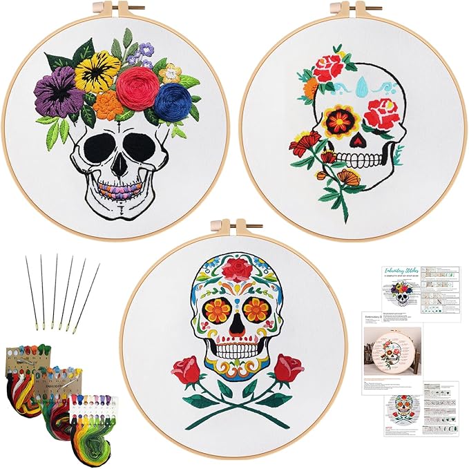 Nuberlic 3 Pack Halloween Skull Embroidery Kit for Adults Beginner Cross Stitch Kits for Starters with Skull Patterns Include 3 Hoop Cloth Thread Needles and Instructions