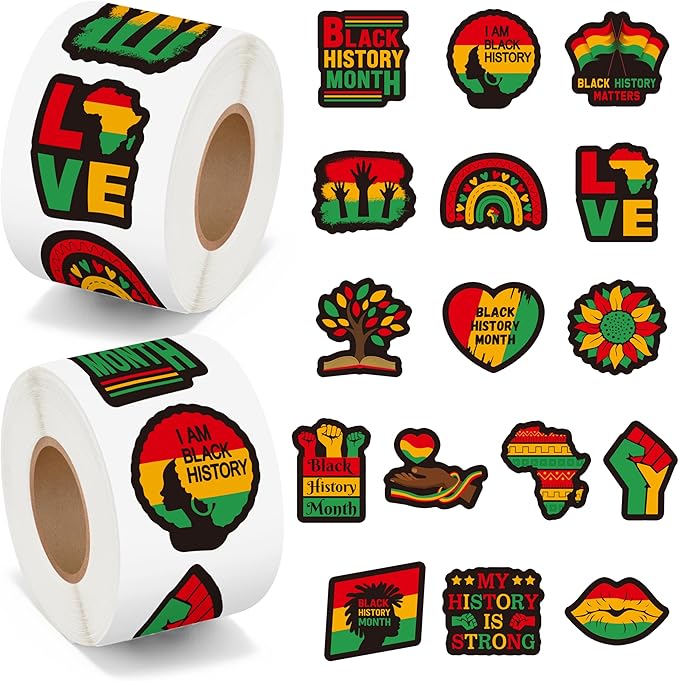 beyumi black history month sticker - 1000pcs black history month stickers in 2 rolls waterproof vinyl kwanzaa juneteenth african american celebration decals party laptop bottle scrapbooking decoration