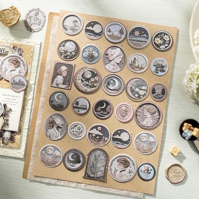 Doukado 100 PCS Aesthetic Relief Fire Lacquer Stamp Sticker, Vintage Original Decorative Envelope Seal Stickers for Junk Journaling, Scrapbooking, Crafting, DIY Projects, Diaries, and Art Supplies