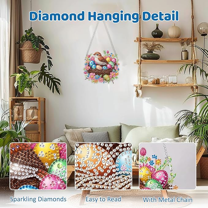 MEIYUDA Easter Diamond Art Hanging Kits for Adult, Easter Egg Diamond Painting Hanging Kits Ornaments, DIY Bird's Nest Special Shaped Rhinestone Window Pendants kit for Home Garden Wall Decor Gift