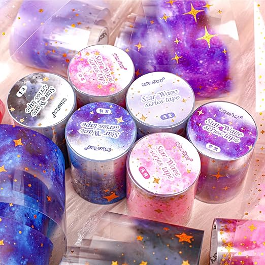 Star PET Tape Stickers for Scrapbooking Supplies,6 Rolls of Holographic Starry Sky Themed Decorative Tape Stickers for Journaling, Junk Journal Supplies, DIY Crafts(Ripple)