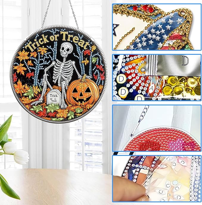 Reofrey Hanging Diamond Art Kits for Adults - 8x8 Inch Halloween Skeleton Acrylic Board Double Sided Pattern Diamond Art Suncatcher Pendant, Crystal Art for Home Wall or Window Decoration Gift
