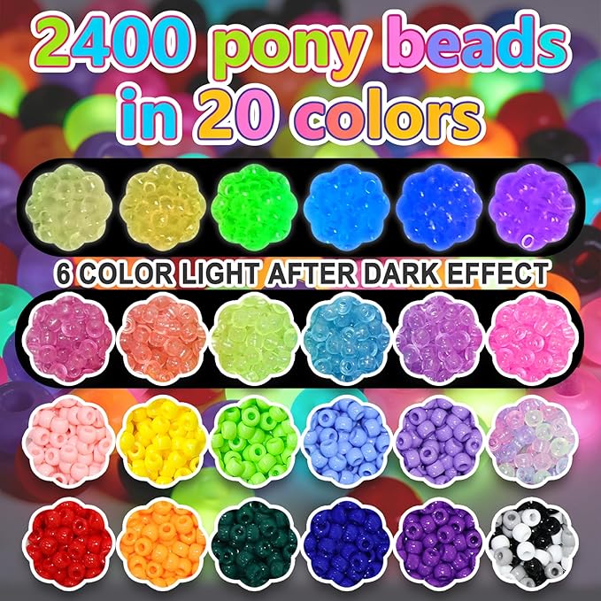 2400Pcs Glow in The Dark Pony Beads Bulk,20 Colors Rainbow Kandi Bead for Hair Braiding Friendship Bracelet Making Kandi Jewelry Key Chains DIY Crafts Chirstmas Gifts (2400PCS(20Color))