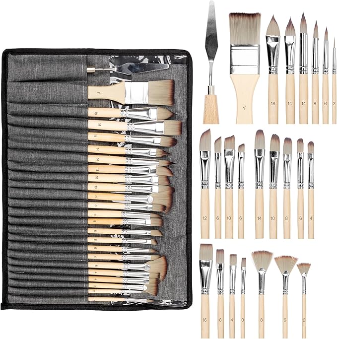 25PCS H&B Paint Brush Set, Travel Watercolor Acrylic Painting Brushes with Canvas Roll & Palette Knife, Professional Artist Brush Kit for Oil, Acrylic Canvas Paintings (Nature Wood)
