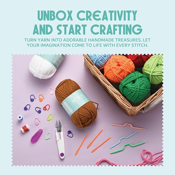 mira handcrafts crochet kit for beginners - essentials set with 12 acrylic yarn skeins and other knitting accessories, including ruler, hooks, needles, stitch holders, row counters, measuring tape