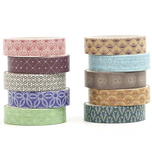 10 Rolls Skinny Washi Tape Set Texture Arts Adhesive Tapes Basic Patterns Decorative Masking Tape Sets for Craft, Kids, Scrapbook, DIY, Gift Wrapping (Style Four)