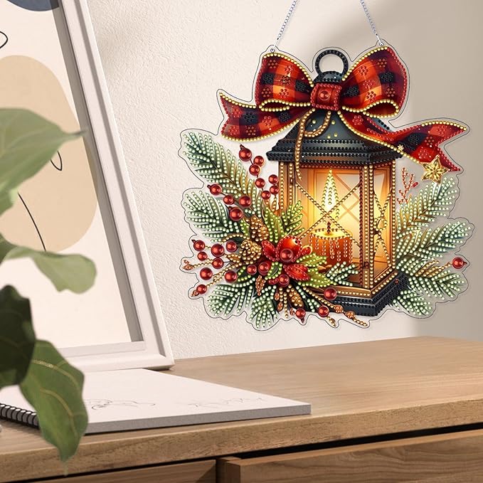 VODAPYC Christmas Diamond Art Hanging Kit for Adults, DIY Double Sided Special Shaped Diamonds Art Window Pendant Ornament for Home Decor(Candle Lamp)