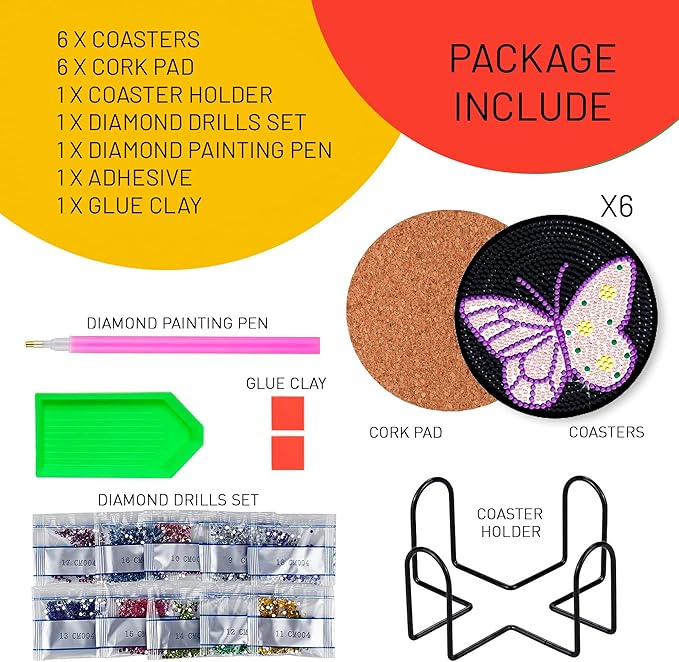 6 Pcs Butterfly Shaped Diamond Painting Kits, Diamond Painting Kits with Holder, Diamond Art Coasters for Beginners Adults - Perfect Art Craft Supplies Gift!… (Butterfly)