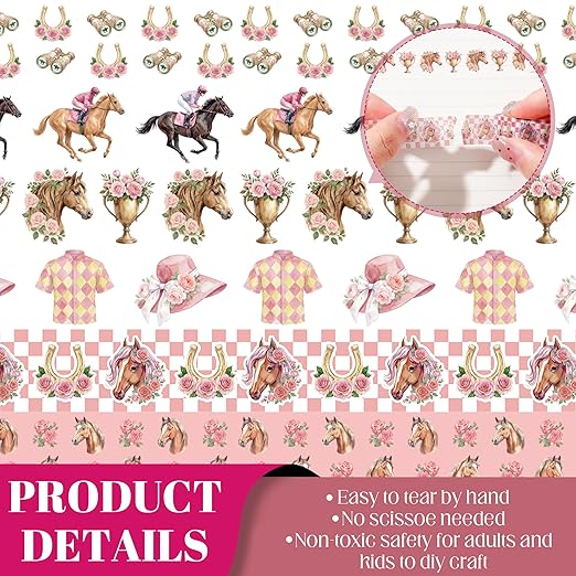Pink Kentucky Derby Washi Tape - 12 Rolls Horse Racing Rose Horseshoe Gingham Pattern Acid Free Repositionable Adhesive for Scrapbooking Gift Wrapping Journaling Party Decor DIY Crafts