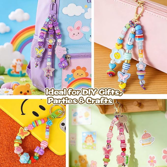 Ecoofor 633 PCS Beaded Keychain Making Kit, Acrylic Alphabet Letter Beads with Heart, Star & Flower Charms for DIY Jewelry, Bag Charm & Keychain Accessories Craft Supplies