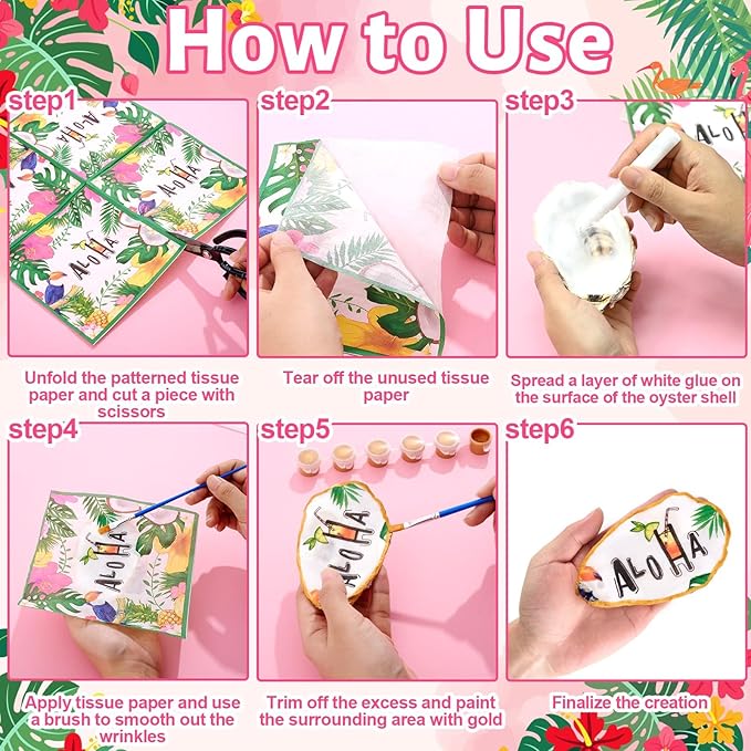 APUDWN 16 Set DIY Natural Oyster Shell Decoupage Kit Hawaiian Crafts 4-5" Large Shells Drilled with Napkins Paints Brushes for Crafts Coastal Beach Art Hanging Ornament Making Adult Hobby Gifts