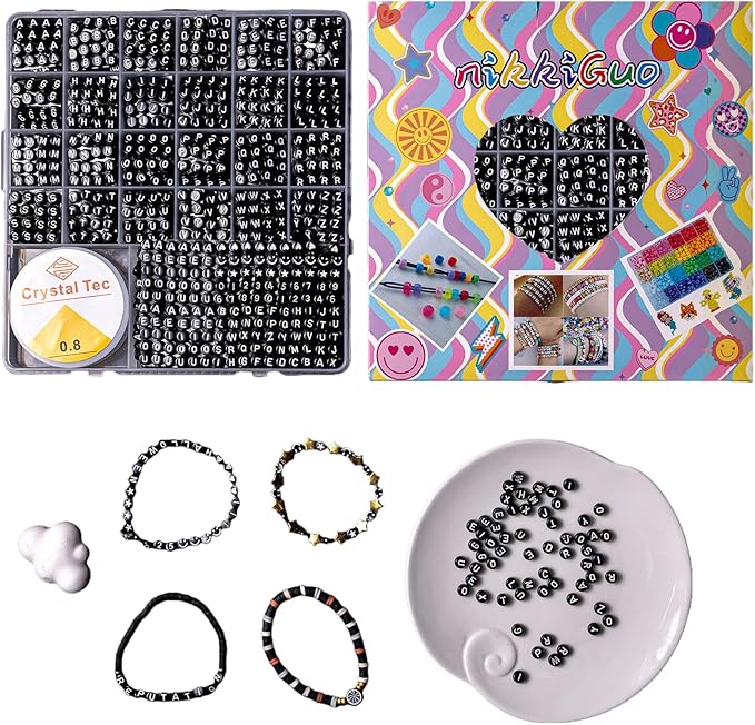 nikkiGuo 1250 PCS Letter Beads Kit with Elastic Cord – Alphabet A–Z, Numbers, Heart, Moon, Star, Smiley Beads for Friendship Bracelets & DIY Jewelry (Black Beats & White Letters)