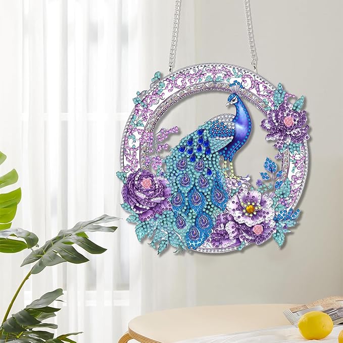 Reofrey Hanging Diamond Art Kits for Adults - 8x8 Inch Peacock Animal Acrylic Board Double Sided Pattern Diamond Art Suncatcher Pendant, DIY Crystal Art for Home Wall Window Decoration Handmade Gift