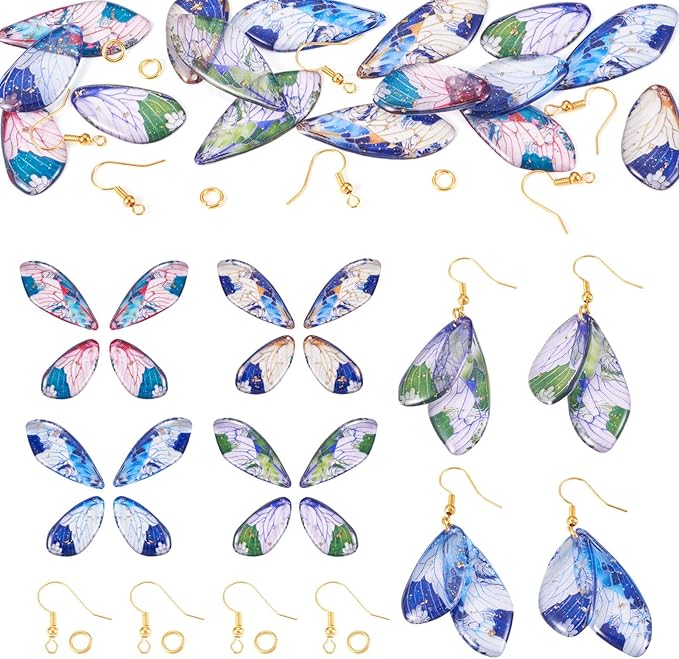 FASHEWELRY 16Pcs Transparent Resin Butterfly Wing Charms for Jewelry Making, Flower Leaf Print Colorful Insects Wing Pendant Earrings Making Kit with Earring Hook Jump Rings