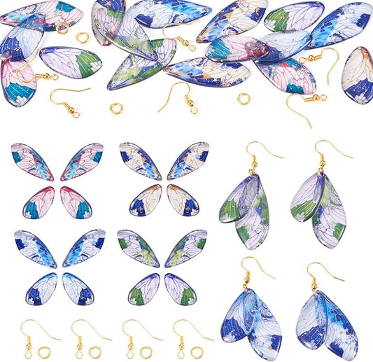 FASHEWELRY 16Pcs Transparent Resin Butterfly Wing Charms for Jewelry Making, Flower Leaf Print Colorful Insects Wing Pendant Earrings Making Kit with Earring Hook Jump Rings