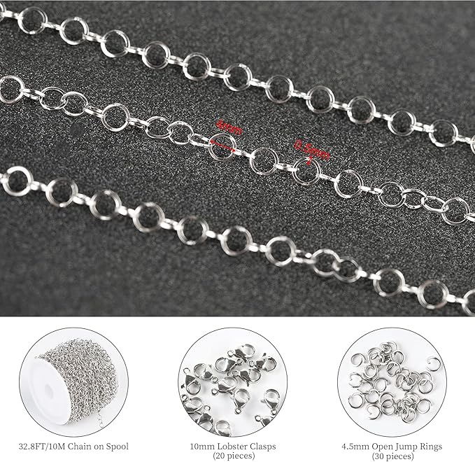 KYUNHOO 33 Feet Silver 304 Stainless Steel Chain for Jewelry Making 4MM Round Circle Link Chain Roll Soldered Jewelry Supplies Chain with Jump Rings and Lobster Clasps for Necklace Bracelet DIY