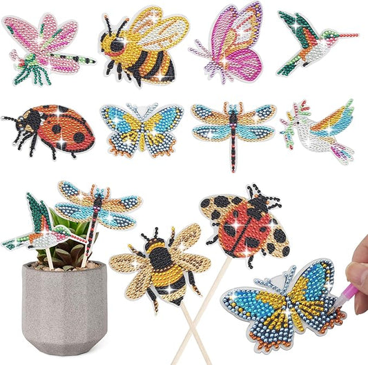 SWATOM 10PCS Diamond Art Kits for Adults for Garden Decor with Butterfly, Hummingbird, Ladybug, Bee, Dragonfly Stakes Diamond Painting Dotz Ornaments Kits for Indoor Outdoor Yard Decoration Crafts