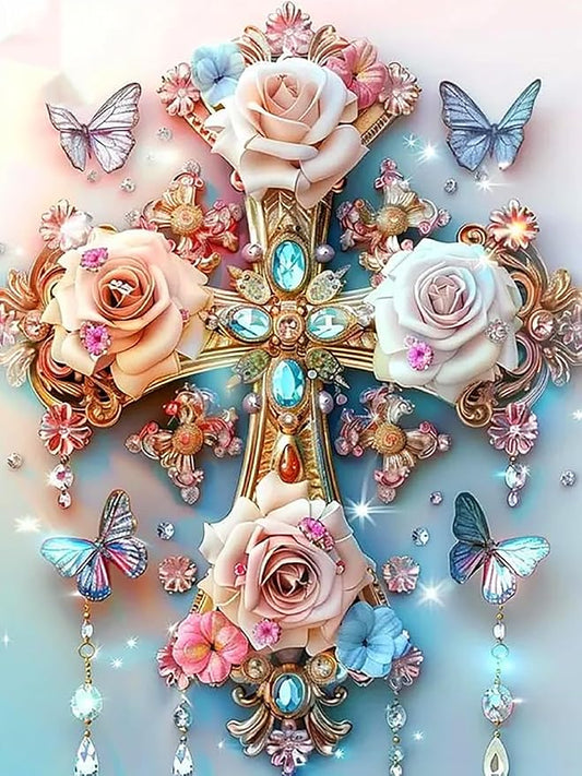 mrpwnle Diamond Painting Kits for Adults-Cross Diamond Art Kit for Adults Beginners 5D Diamond Painting Cross Flowers DIY Full Drill Diamond Art Dot Gem Art Kits,Home Wall Decor 12x16 Inch