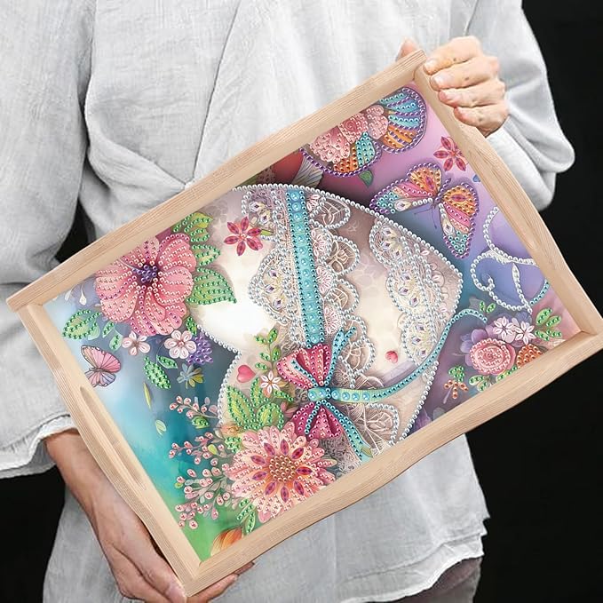 5D Diamond Art Tray with Handle for Adults DIY Diamond Art Plate Kits Beautiful Flower Heart Picture Diamond Art Painting Dinner Plate for Coffee Living Room Home Organizer Parties Family Gatherings