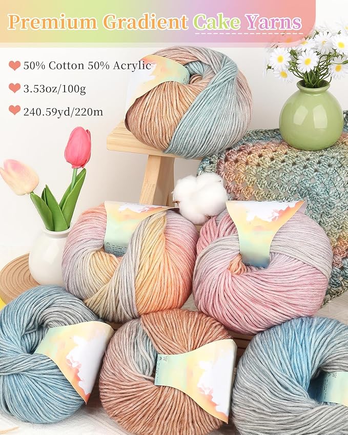 Coopay Yarn for Crocheting Knitting, Gradient Cake Yarns, 2 × 3.53oz - 240yds - 50% Cotton 50% Acrylic Ombre Yarns, Crochet Yarn for Blankets, Shawls, Scarves (110 Oil Painting)