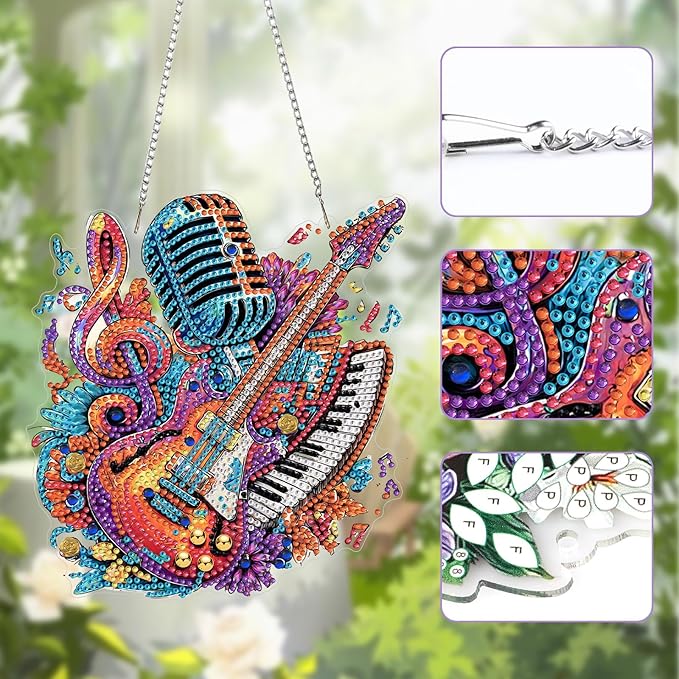 Lxmsja DIY Electric Guitar Diamond Painting Hanging Ornament, Double-Sided Acrylic Musical Notes Diamond Art Kit, Special Shaped Suncatcher Hanging Pendant Window Art Kit