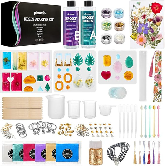 piccassio epoxy resin kit for beginners – 208-piece jewelry making & craft kit with molds, dried flowers, glitter & tools – complete starter set for keychains, bookmarks, pendants & diy resin art