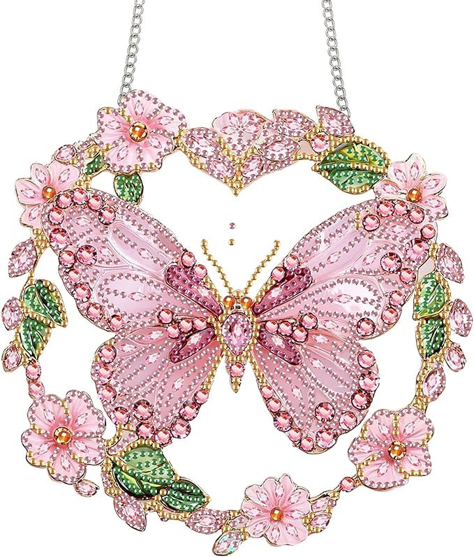 Bimkole Pink Butterfly Diamond Art Hanging Kit for Adult, DIY 5D Flowers Diamond Art Painting Window Pendant, Acrylic Crystal Art Hanging Ornament for Wall Home Garden Front Door Decor - 7.8x7.8 Inch