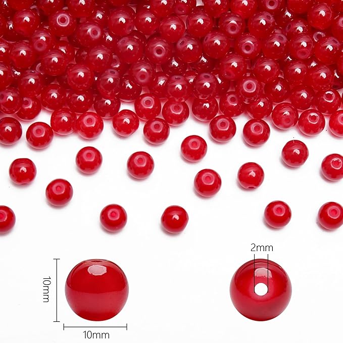 80PCs 10mm Red Jade Glass Beads Bulk, Round Smooth Hole Glass Crystal Beads for Jewelry Making, DIY Bracelets, Necklaces, Bag Charms, Keychains and Craft Projects