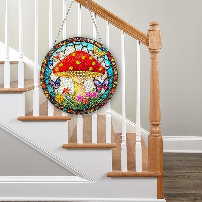 Pavemlo Hanging Diamond Art Kits for Adults Mushroom – 8x8 Inch Double-Sided Acrylic Board DIY Crystal Diamond Suncatcher Pendant, Sparkling Home Wall or Window Decoration Handmade Gift