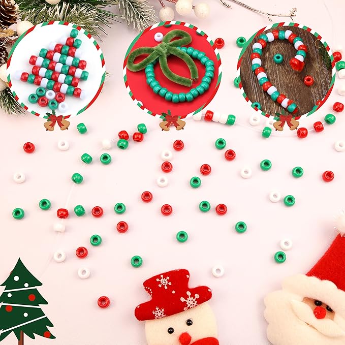 1000 Pcs Christmas Pony Beads Plastic Bead for Bracelets Christmas Beads for Jewelry Making Red Green White Pony Bead for Crafts Suitable for Ages 14 and Above