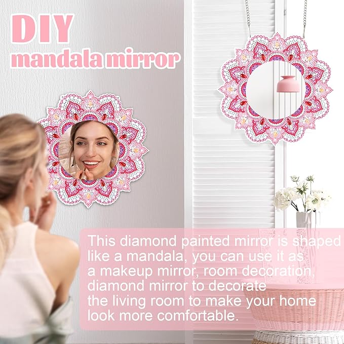DIY Diamond Painting Mirror for Adults DIY Special Shaped Crystal Diamond Painting Kit Mirror Makeup Mirror Christmas Halloween Birthday Gifts Art Crafts Home Decor (Pink)