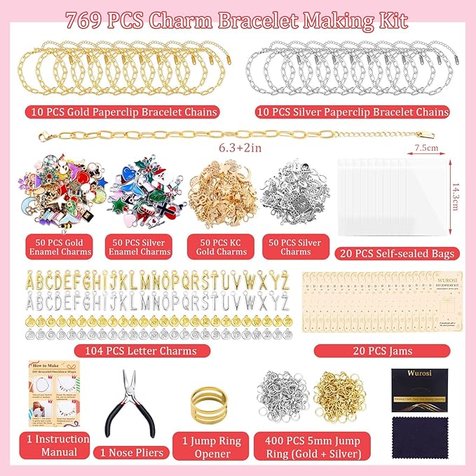 Wurosi 769 Pieces Paperclip Charm Bracelet Kit, Including Paperclip Chain Bracelets, Charms, Jump Rings, Gift Bags, Pliers for DIY Bracelet Making Gift Christmas