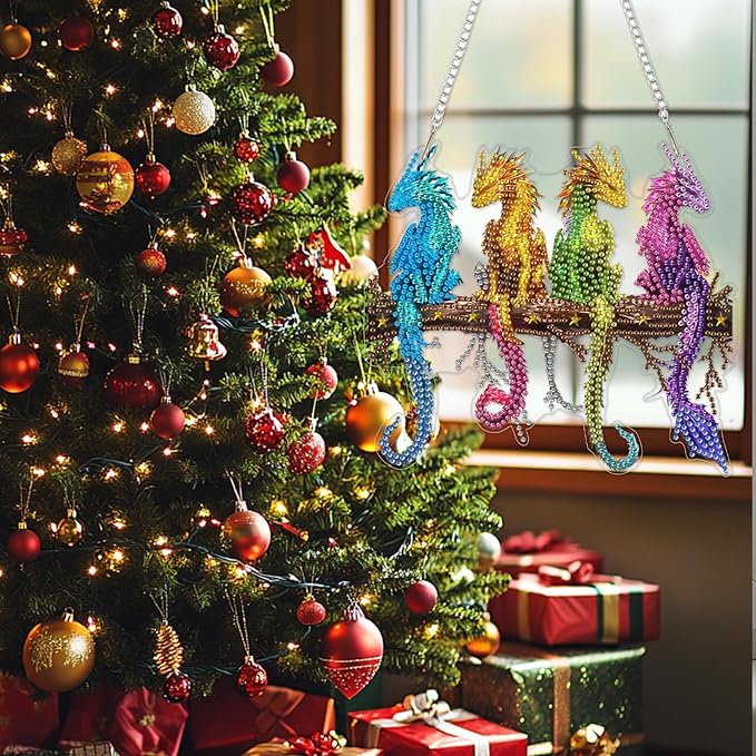 SENQAO Dragon Diamond Art Hanging Kits for Adults Kids, Double Sided DIY Acrylic Diamond Art Painting Window Pendants Home Garden Wall Hanging Kits Hanging Ornament