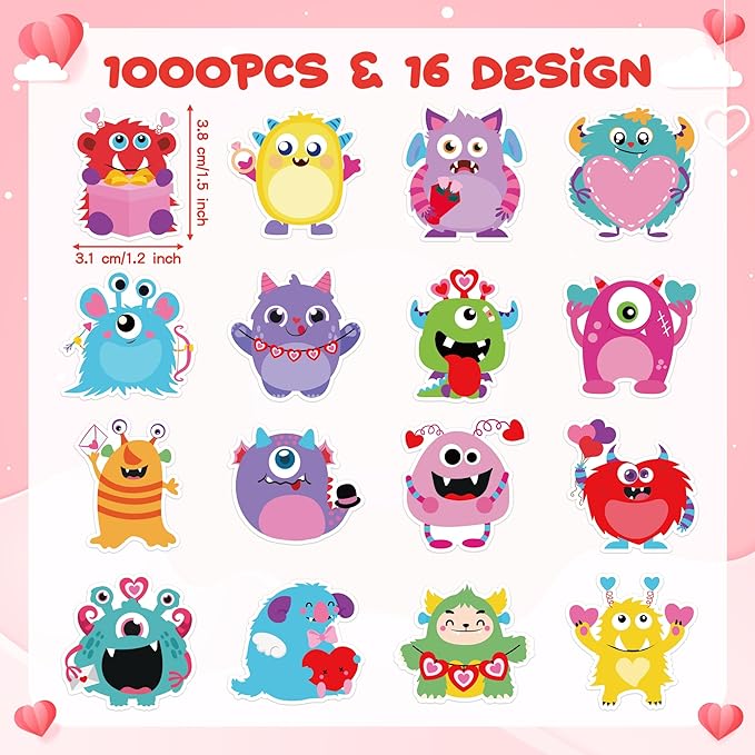 beyumi valentine colorful monster sticker - 1000pcs valentine's day cute monsters stickers in 2 rolls adhesive decorative sticker waterproof decal for greeting card envelope party gift decor for kids