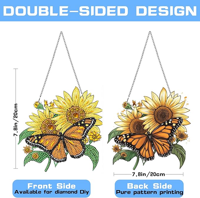 VAIIEYO Butterfly Diamond Painting Hanging,Sunflower Double Side Window Hanging Kit with Chain, 7.5x7.5 inch Crystal Pendant Art Craft for Gift Wall Front Door Decoration-2