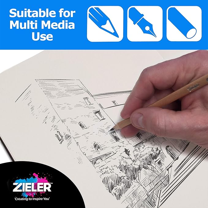 Hardback Casebound Mixed Media Sketch Book – 150gsm 50 Sheets - by Zieler™. Ideal for use with Pencils, Charcoal, Graphite, Pastels & Light Watercolour. Acid Free Sheets - Portrait (A5)